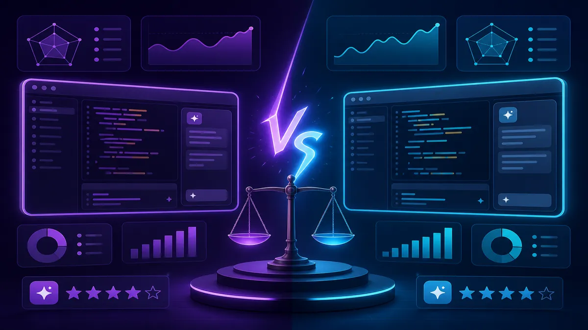 Two glowing IDE windows facing off with benchmark charts and rating stars