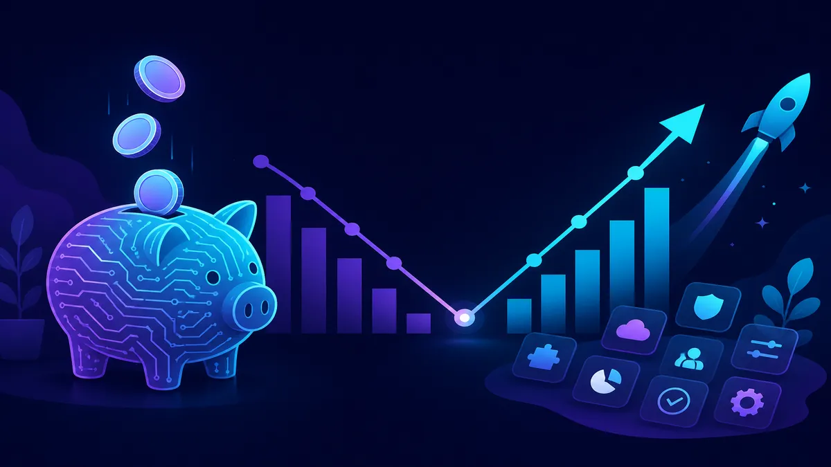 Circuit-pattern piggy bank with falling costs and rising productivity graph